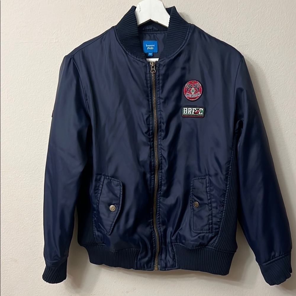 Kids Blue Puffer Jacket with Ribbed Collar and Full-Length Zipper